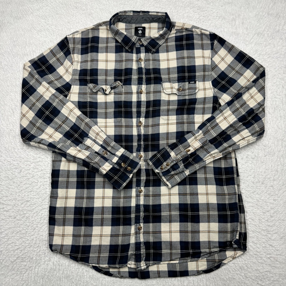 VANS Button Up Shirt Flannel Classic Fit Plaid Long Sleeve Blue Men's Size L